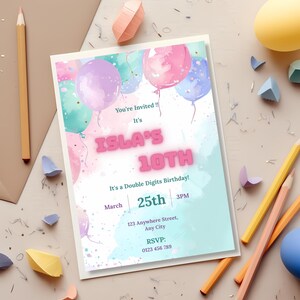 Pastel balloon 10th birthday invitation, editable Canva template, printable digital download