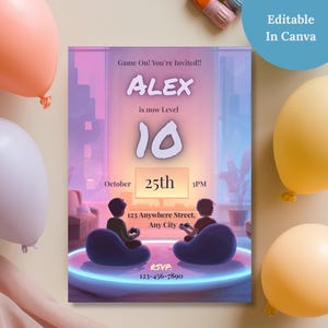 Editable in Canva badge on gaming birthday invitation template, video game party invite with customizable text for name date and location