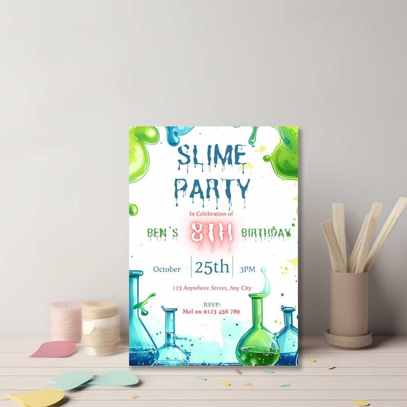 Slime party invitation displayed against a wall, editable Canva template for a boy's mad scientist birthday party