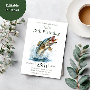 Editable in Canva fishing birthday invitation styled on a table with coffee and eucalyptus