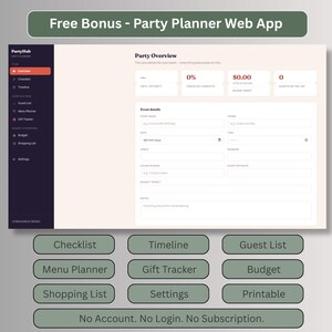 Free bonus party planner web app with checklist, timeline, guest list, menu planner, gift tracker, budget and shopping list, no account needed