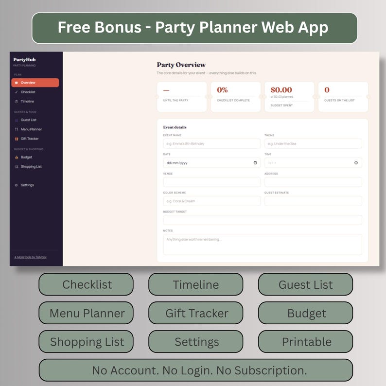 Free bonus party planner web app with checklist, timeline, guest list, menu planner, gift tracker, budget and shopping list, no account needed