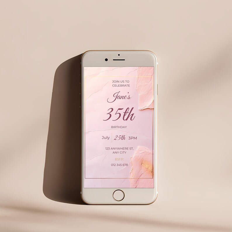 Elegant pink birthday invitation displayed on a mobile screen, featuring blush pastel tones and gold accents.