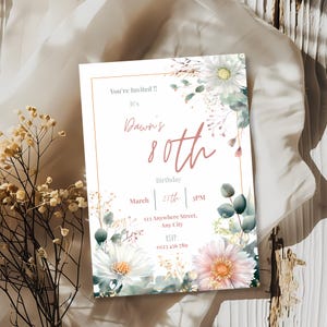 80th Birthday Invitation Template, Floral Garden Party Invite, Pastel Botanical Editable Canva 5x7 Birthday Invitation image 7