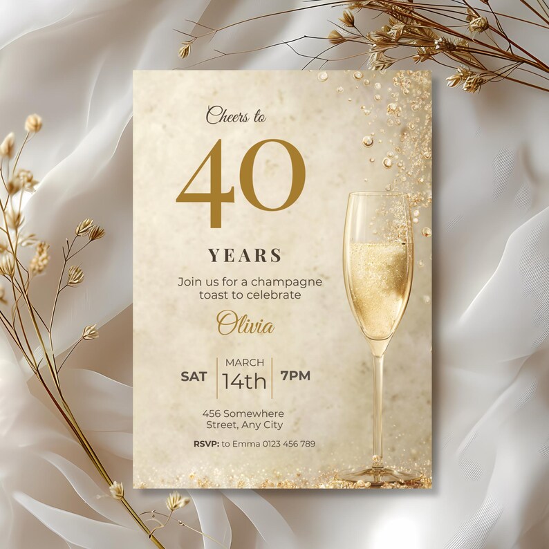 Elegant Cheers to 40 Years champagne toast birthday invitation on ivory satin with dried gold florals