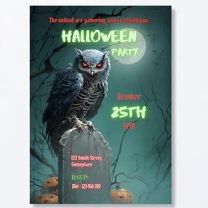 Editable Halloween party invitation Canva template, zombie owl gothic design, 5x7 printable digital download