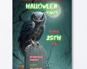 Halloween Party Invitation Editable, Printable Halloween Invite Canva Template, Spooky Adult Party, Zombie Owl Gothic Digital Download