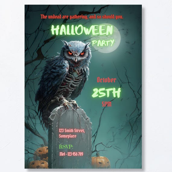 Zombie Owl Gothic Halloween Invitation