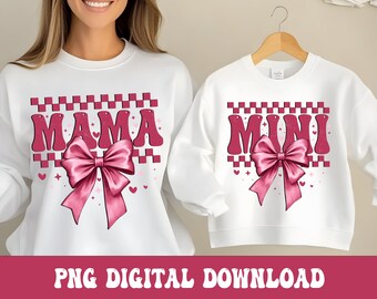 Mama Mini Valentines png, Retro Valentine’s Day Checkred Coquette bow png, Match mama mini Valentines day Sublimation Design Png