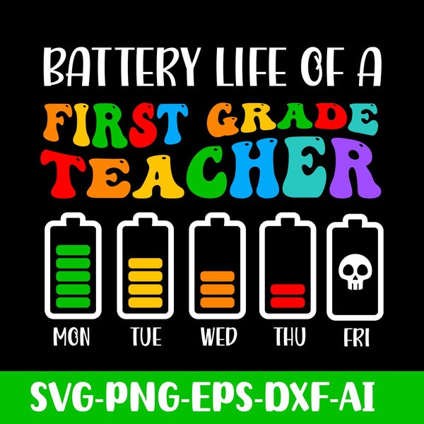 Autonomie de la batterie d'un enseignant de première année png svg, conception de sublimation png de enseignant de 1re année, retour à l'école png, appréciation des enseignants SVG