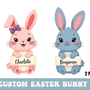 May include: Two cartoon Easter bunnies, one pink and one blue, holding signs with the names Charlotte and Benjamin. The bunnies are smiling and have big eyes.