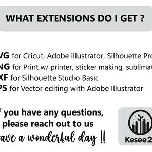 Może przedstawiać: Białe pole tekstowe z tekstem "WHAT EXTENSIONS DO I GET?" w kolorze czarnym. Pod polem tekstowym znajduje się lista typ&oacute;w plik&oacute;w i ich zastosowań: SVG dla Cricut, Adobe Illustrator, Silhouette Pro; PNG do druku na drukarce, tworzenia naklejek, sublimacji; DXF dla Silhouette Studio Basic; EPS do edycji wektorowej w programie Adobe Illustrator. Pod listą znajduje się pole tekstowe z tekstem "If you have any questions, please reach out to us Have a wonderful day!!" w kolorze czarnym. Pod polem tekstowym znajduje się logo z tekstem "Kesee 24" w kolorze czarnym.