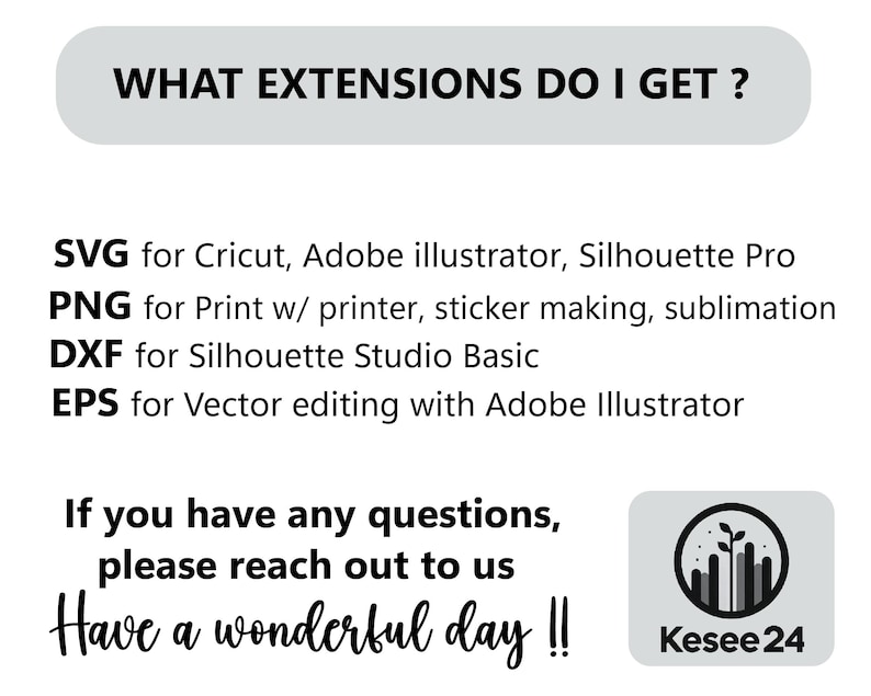 Może przedstawiać: Białe pole tekstowe z tekstem "WHAT EXTENSIONS DO I GET?" w kolorze czarnym. Pod polem tekstowym znajduje się lista typ&oacute;w plik&oacute;w i ich zastosowań: SVG dla Cricut, Adobe Illustrator, Silhouette Pro; PNG do druku na drukarce, tworzenia naklejek, sublimacji; DXF dla Silhouette Studio Basic; EPS do edycji wektorowej w programie Adobe Illustrator. Pod listą znajduje się pole tekstowe z tekstem "If you have any questions, please reach out to us Have a wonderful day!!" w kolorze czarnym. Pod polem tekstowym znajduje się logo z tekstem "Kesee 24" w kolorze czarnym.