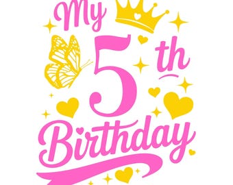 Niña 5.º cumpleaños SVG PNG, Es mi cumpleaños SVG PNG, Princesa del quinto cumpleaños SVG, Cumpleaños de niña SVG, Mi quinto cumpleaños SVG PNG