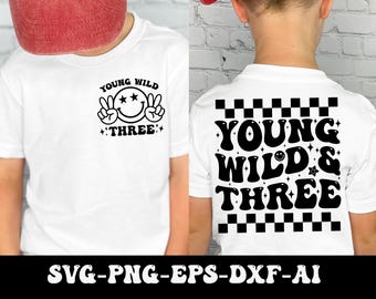 May include: White t-shirts with the text "Young Wild Three" in black. One shirt has the text on the front with a smiley face and peace signs. The other shirt has the text on the back with a checkerboard pattern.