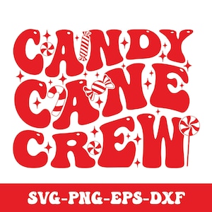 以下が含まれることがあります： レトロなフォントで「Candy Cane Crew」と綴られた、赤と白のキャンディーケーンとキャンディーのデザイン。