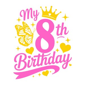 Könnte beinhalten: Grafikdesign für eine achte Geburtstagsfeier. Das Design zeigt die Worte "My 8th Birthday" in Pink, mit einem gelben Schmetterling, einer Krone, Herzen und Sternen auf weißem Hintergrund.