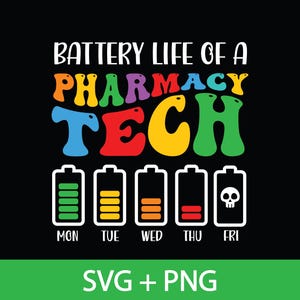Könnte beinhalten: Ein Grafikdesign mit dem Text "Battery Life of a Pharmacy Tech" in Regenbogenfarben. Das Design zeigt fünf Batterie-Icons, die die Tage der Woche repräsentieren, wobei das letzte Batterie-Icon einen Totenkopf und gekreuzte Knochen zeigt.