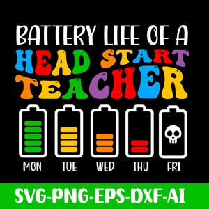 Puede incluir: Gráfico negro con el texto "BATTERY LIFE OF A HEAD START TEACHER" en letras blancas y coloridas. Debajo hay iconos de batería que muestran la duración de la batería de lunes a viernes, terminando con una calavera. La parte inferior tiene "SVG-PNG-EPS-DXF-AI".