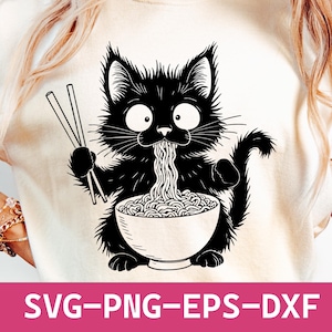 Schattige kat Svg Png, Japanse noodle kat Svg Png, cartoon kat Svg, kat eten ramen Svg, kawaii kat eten noedels SVG ontwerp