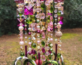 Wind Chime, Sun Catcher, Crystal Wind Chime, Crystal Sun Catcher, Multicolor Windchime, Magenta and Olive Suncatcher, Pink and Olive Chimes