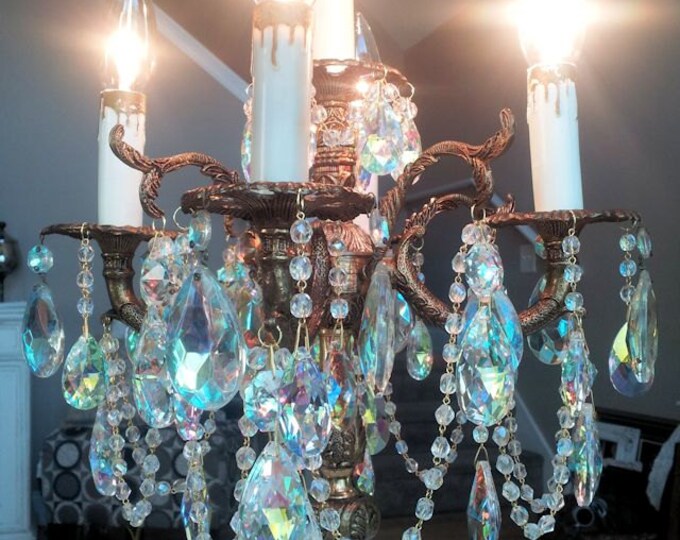 Antique Brass Candelabra Chandelier Table Lamp With Aurora Borealis