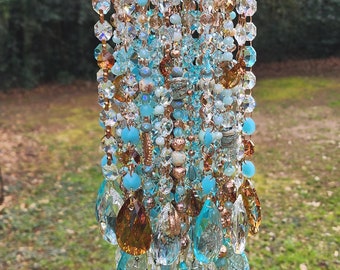 Wind Chime, Crystal Wind Chime, Antique Crystal Wind Chime, Copper and Aquamarine Blue Wind Chime, Blue and Copper Wind Chime, Suncatcher