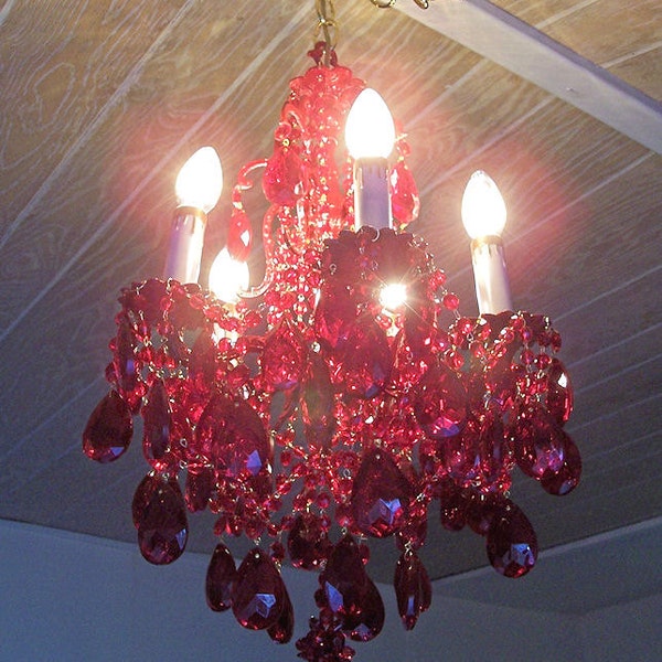 Cherry Red Vintage Crystal and Brass Petite Chandelier
