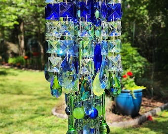 Wind Chime, Crystal and Stained Glass Wind Chime, Antique Prisms Wind Chime, Blues and Greens Wind Chime, Crystal Sun Catcher