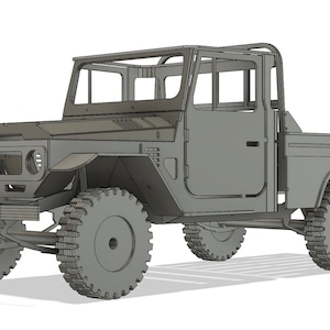 May include: A grey illustration of a classic pickup truck. The vehicle has a square cab, open bed, and large, knobbly tyres. The truck features a roll bar and a front bumper.