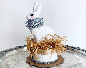 Old World Style Glitter Chalkware Easter Rabbit on Embossed Papier Mache Box - Charming Bunny Decor - Neutrals - Silver Tinsel and Kraft