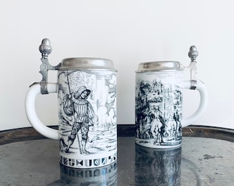 Pair of Vintage Black and White Hand Painted Toile Ceramic Beer Steins - Kaiser - Medieval Scene - Castle