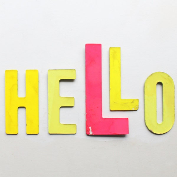 Vintage Signage, Neon Letters, Hello, Hot Pink and Highlighter Yellow