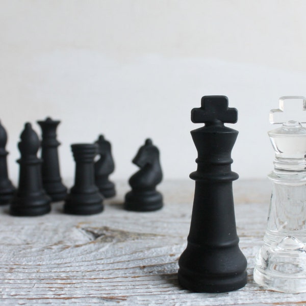 Vintage Set of Chess Pieces, Black and Clear Glass