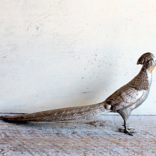 Silver Metal Silver-plated Pheasant, Woodland Bird Statue, 17 Inches Long, Weidlich Bros