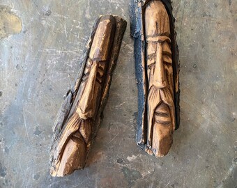 Two Vintage Hand Carved Tree Men - Druids - Wooden Wall Decor