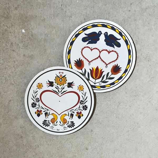 Pair of vintage love and marriage Jacob Zook hex signs - two ready to hang barn signs with birds and hearts