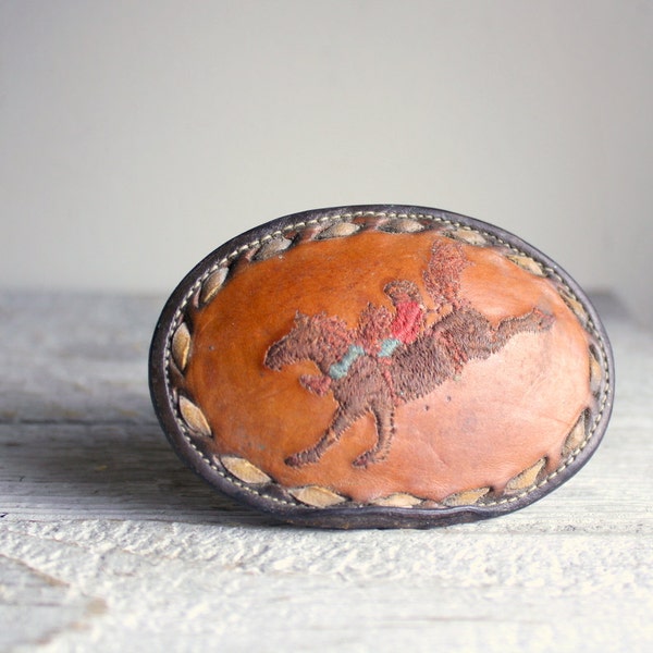 Vintage Tony Lama Leather Belt Buckle  - Rodeo Bronco