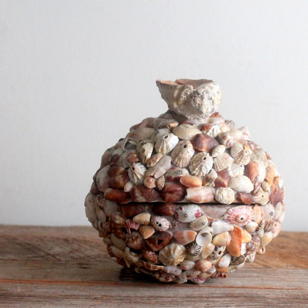 Vintage Souvenir Coconut Shell Covered with Tiny Shells, Nautical Seashell Box, Barbados