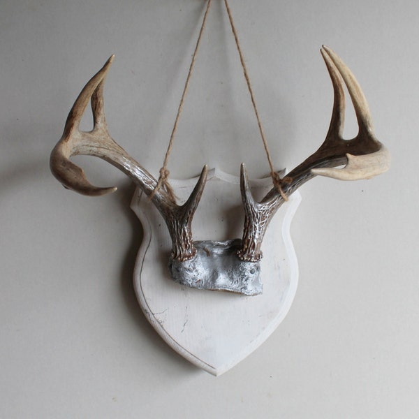 RESERVE FOR DIANE Silver Dipped Ombre Antlers on Whitewashed Wood Shield Mount, Handmade
