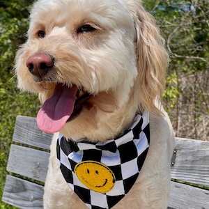 SMILEY FACE-Black/White Checkered Flag Fabric with Chenille patch Dog Cat Bandana - Over the Collar, One Happy Dog-90’s retro party