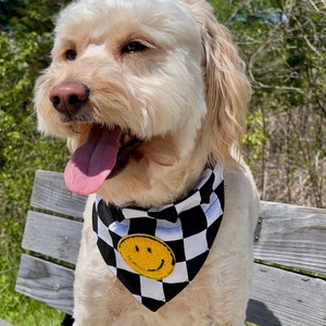 SMILEY FACE-Black/White Checkered Flag Fabric with Chenille patch Dog Bandana - Over the Collar Style- One Happy Dog-90’s retro party