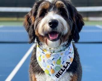 Pickleball Dog Bandana with Name, Over the Collar Pet Scarf, Fun Pickleball Personalized Gift