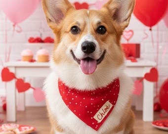 Valentines Heart Dog Bandana, Personalized Pet Scarf, Over the Collar Style, Red and Pink Hearts, Custom Dog or Cat Gift with Name