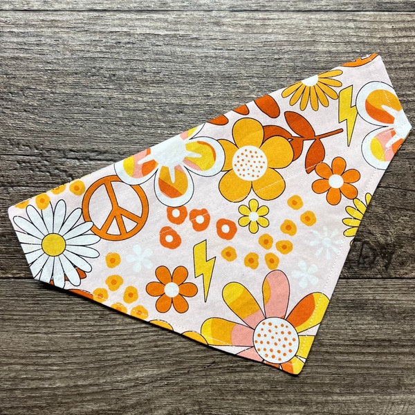 GROOVY FLOWER POWER-Over the Collar Style Dog Bandana-Peach,Orange,Yellow and Pink-Daisies, Happy Faces, Lighting Bolts, Peace Signs