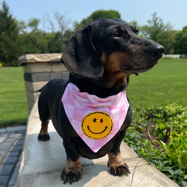SMILEY FACE Checkered Pink Fabric with Chenille patch Dog Bandana- Over the Collar Style- One Happy Dog-90’s retro-Quick ship gift for her