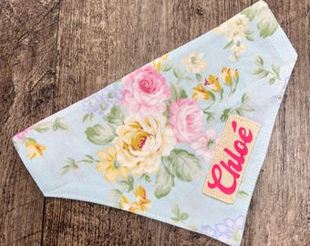 Floral Dog Bandana, Personalized Dog Bandana, Spring Blue Floral Dog Scarf, Over the Collar Dog Bandana, Dog or Cat Mom, Mother’s Day Gift