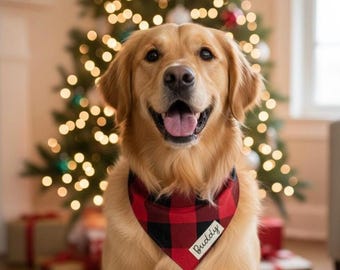 Dog Bandana Christmas, Red plaid dog scarf, buffalo check pet over the collar bandana, personalized dog or cat gift