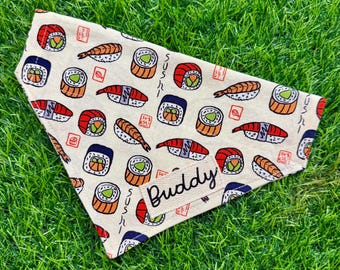 Sushi Bandana for Cats or Dogs with Name, Over the Collar Pet Scarf, Cute Sushi Print Gift