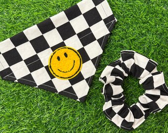 Dog Mom Holiday Gift Idea- Smiley Face Black & White Checkered Dog Bandana with Matching Scrunchie - Over Collar Style, Dog Mom Style